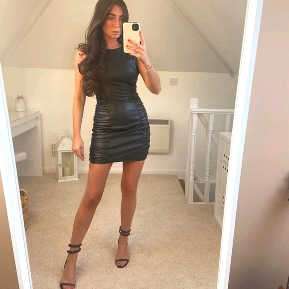 NWT ZARA | Ruched Faux Leather Black Dress